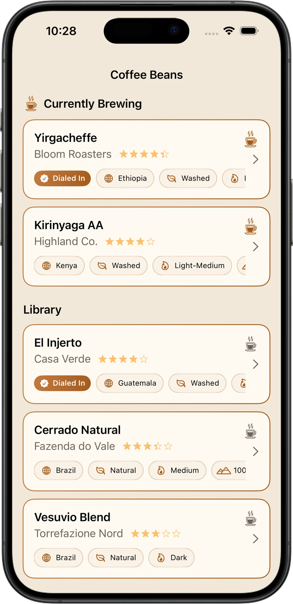 Espresso Metrix coffee library showing per-coffee cards with ratings, origin and process tags and Dialed In badges