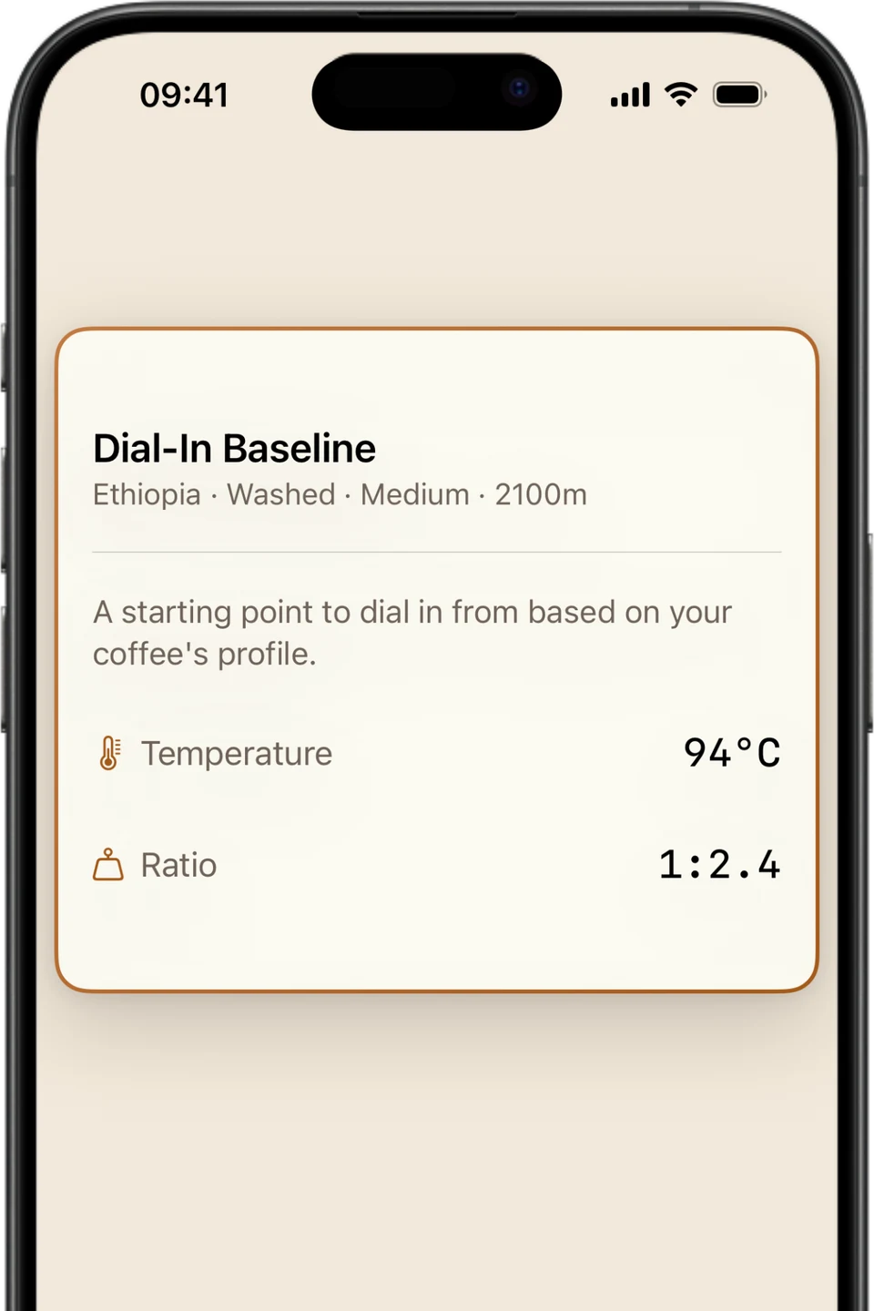 Espresso Metrix dial-in baseline suggesting a 94°C starting temperature for an Ethiopian washed medium roast