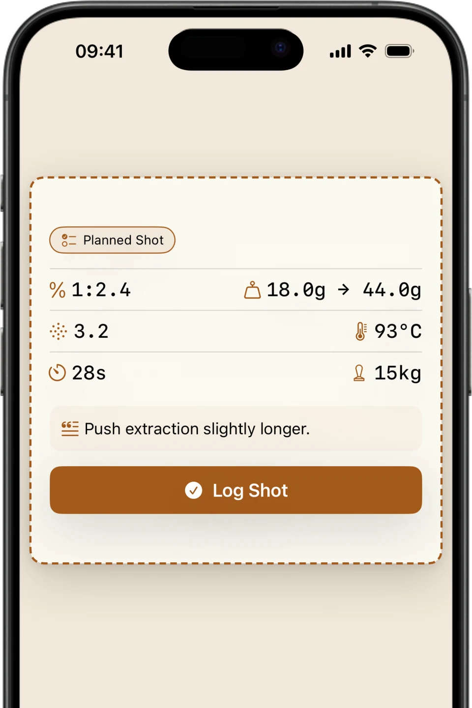 Espresso Metrix planned shot showing an 18g dose, 44g yield and 1:2.4 ratio with grind setting, temperature and time
