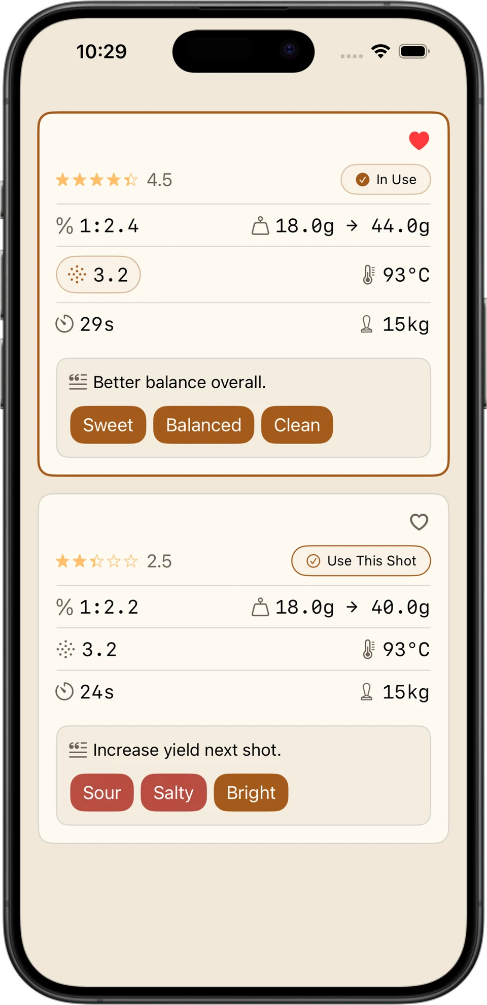 Espresso Metrix shot log with taste tags and notes recorded beside each shot's recipe