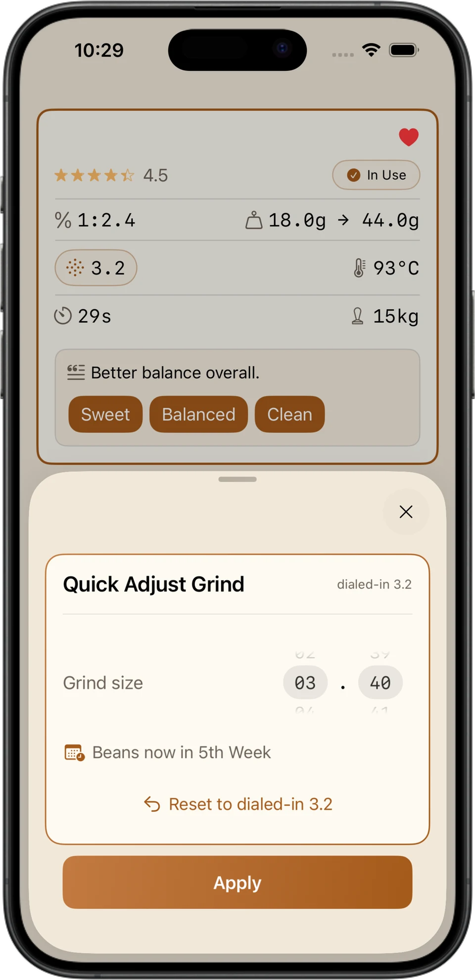 Quick Adjust Grind screen in Espresso Metrix with a grind size picker and reset to the dialed-in 3.2 setting