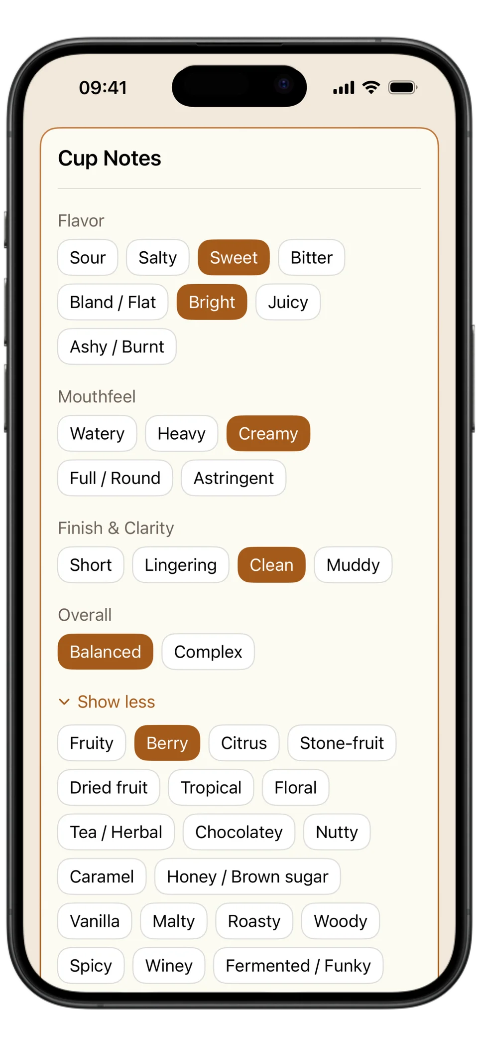 Espresso Metrix Cup Notes with Sweet, Bright, Creamy, Clean, Balanced and Berry selected