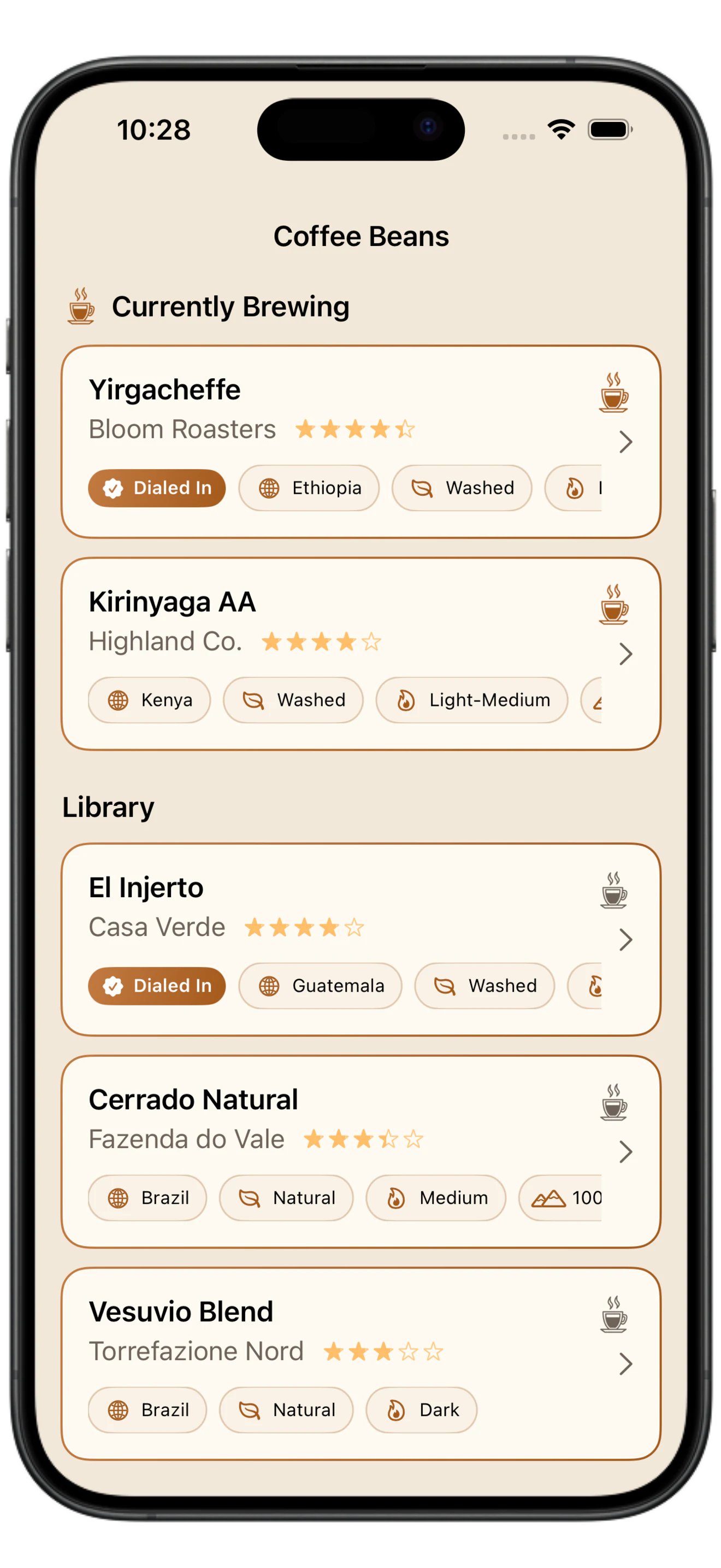 Espresso Metrix Coffee Library on iPhone showing a Currently Brewing section and a saved coffee library with origins, processes, roast levels, ratings and Dialed In status labels