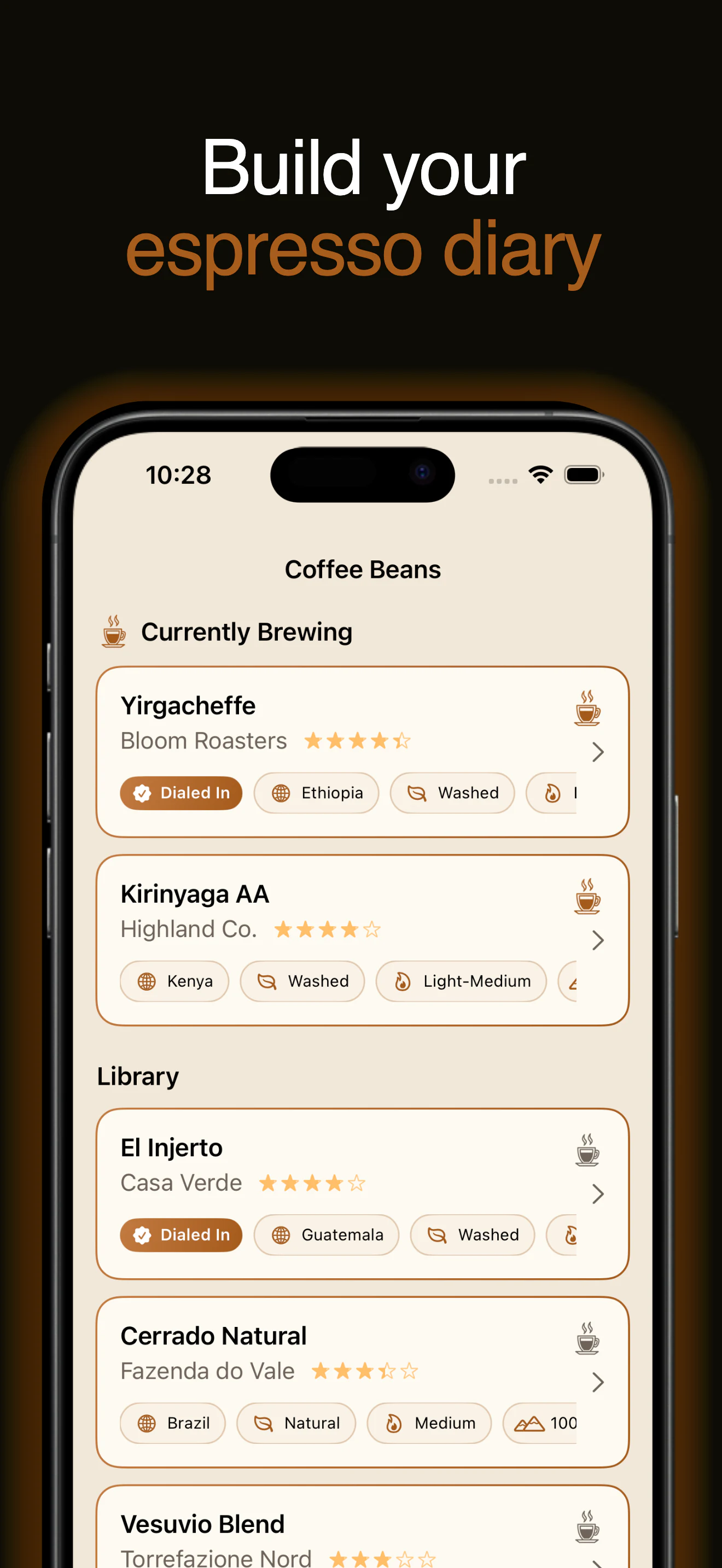 Coffee bean library in Espresso Metrix with Currently Brewing list, ratings, origin, process and roast tags, and Dialed In badges