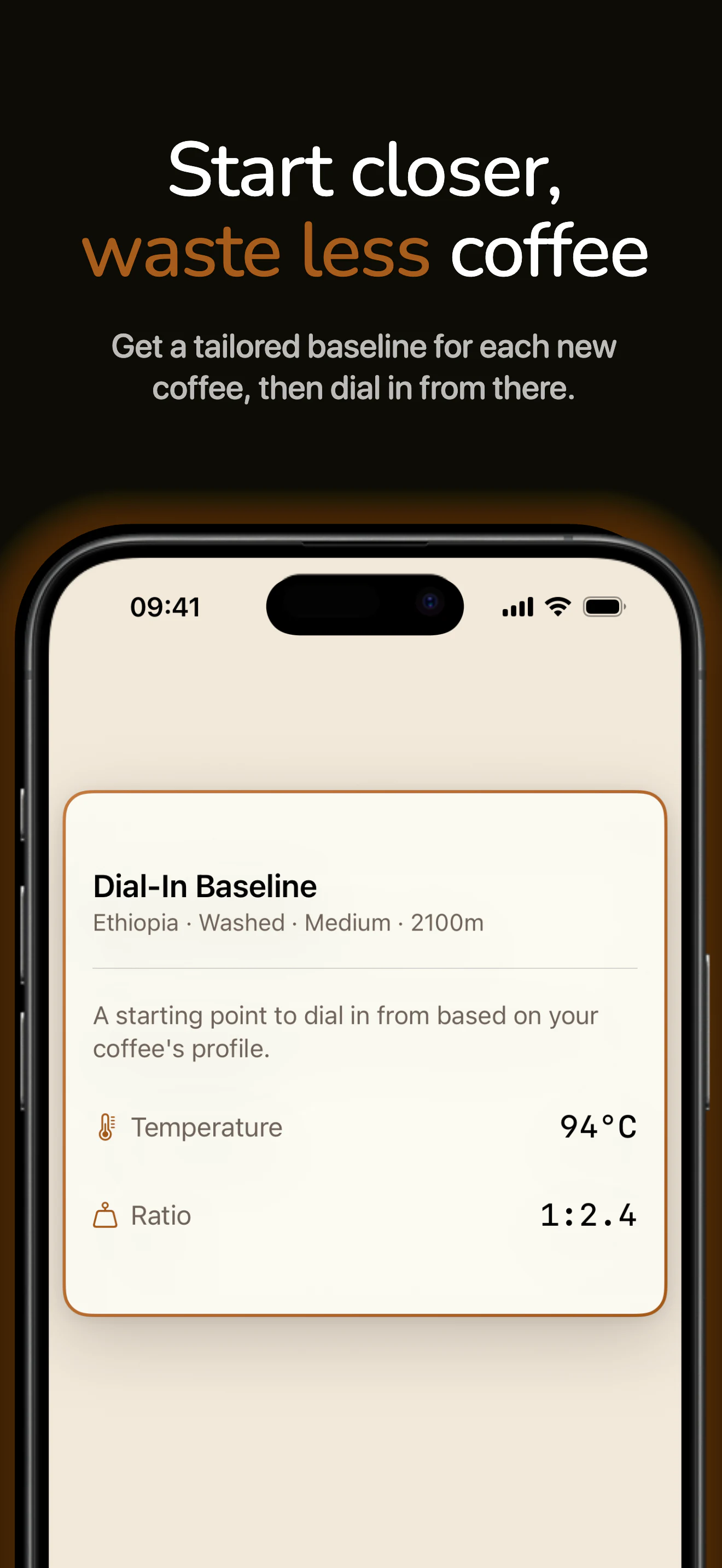 Dial-in baseline in Espresso Metrix suggesting 94°C temperature and a 1:2.4 ratio for an Ethiopian washed coffee