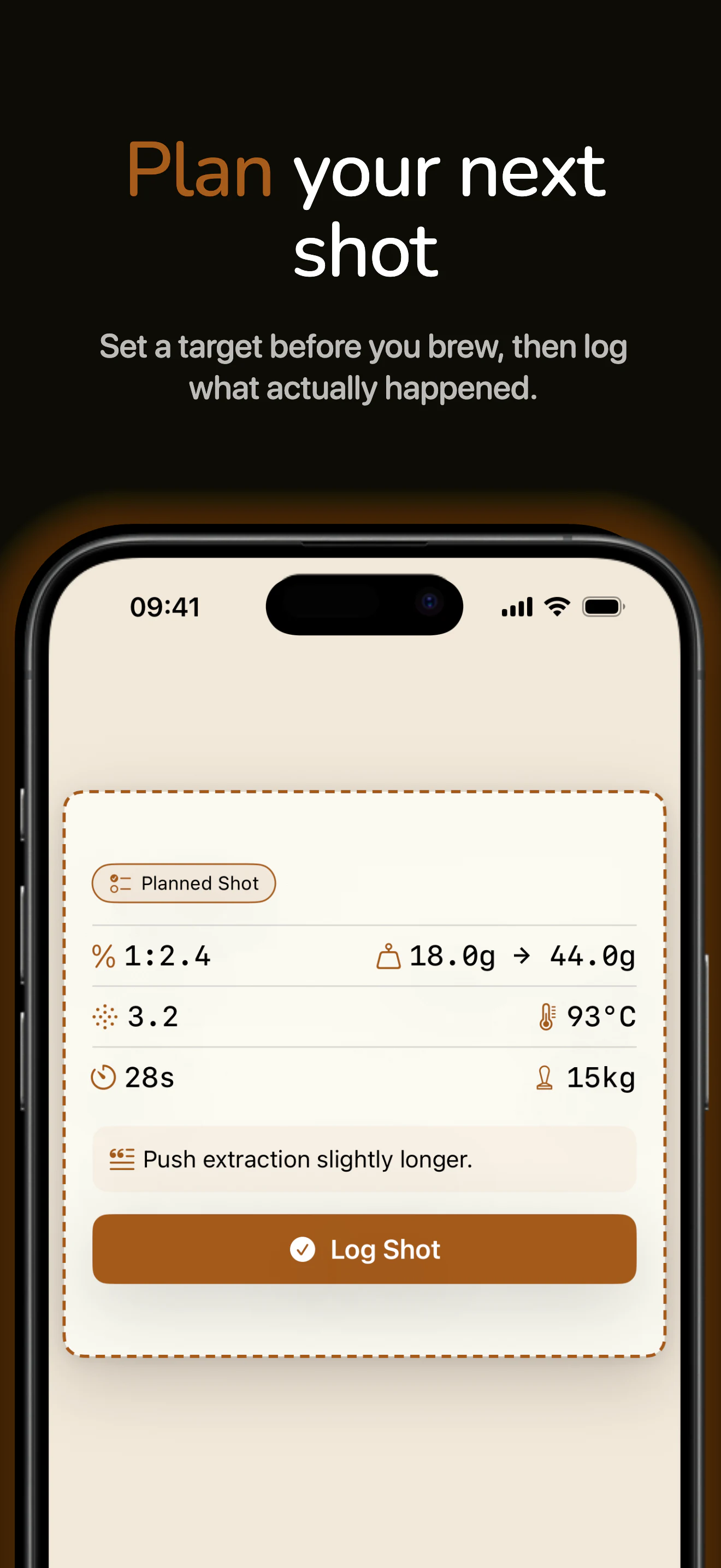 Planned shot screen in Espresso Metrix with ratio, dose and yield, grind setting, temperature, shot time and tamp pressure