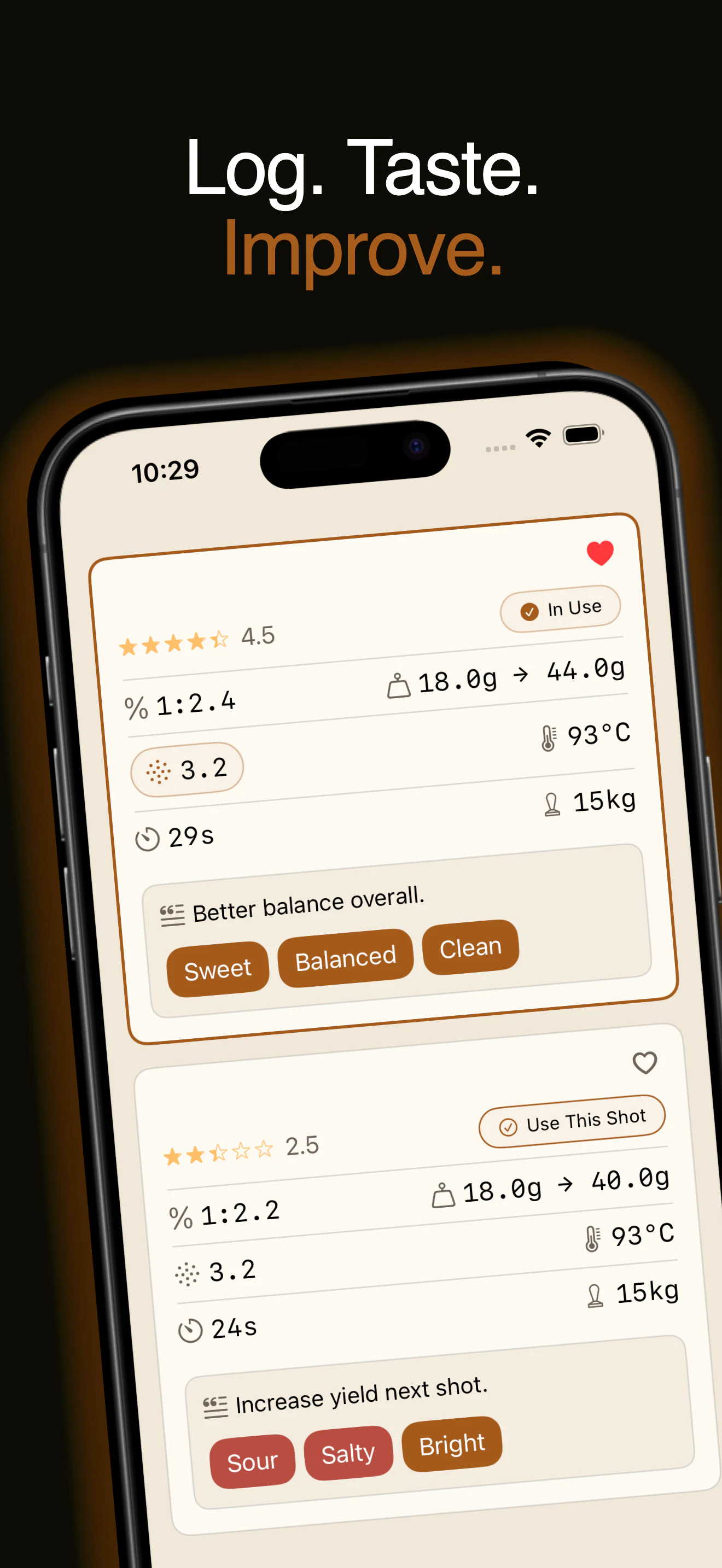 Espresso shot log in Espresso Metrix with star ratings, extraction parameters and taste tags like sweet, balanced, sour and bitter