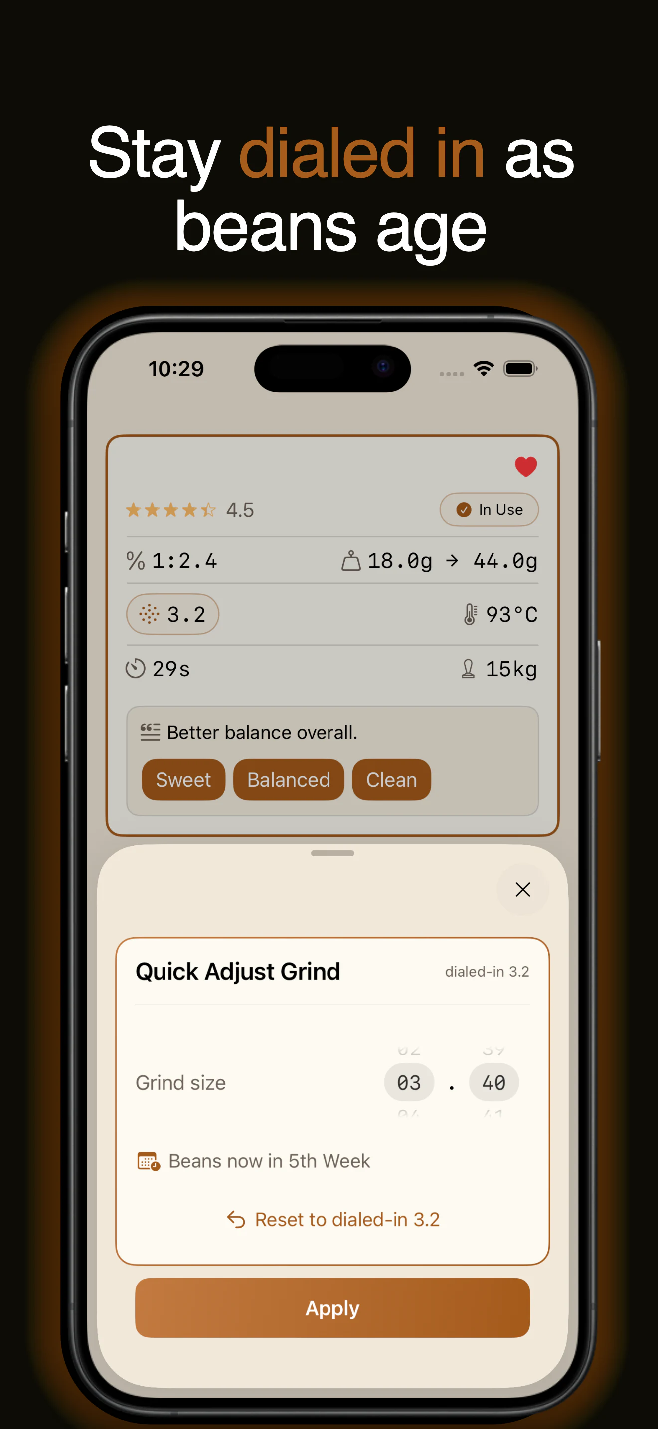 Quick Adjust Grind sheet in Espresso Metrix showing grind fine-tuning for beans in their fifth week with reset to dialed-in setting